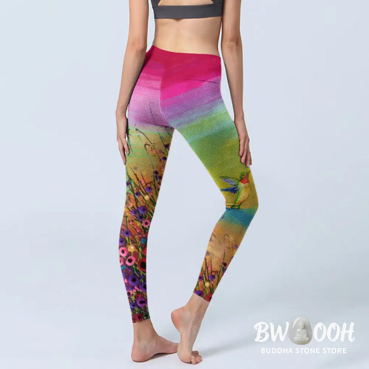 BWOOOH printed yoga leggings - Blooming Flower Bird Pattern Print Gym L
