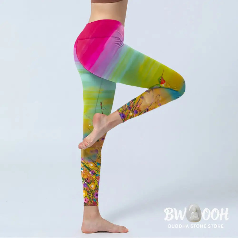 BWOOOH printed yoga leggings - Blooming Flower Bird Pattern Print Gym L