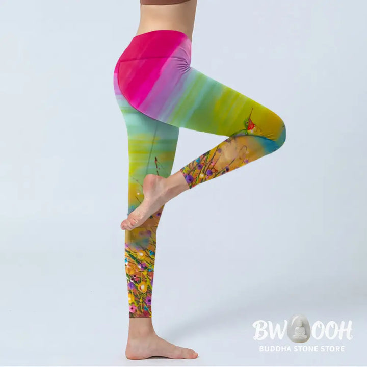 BWOOOH printed yoga leggings - Blooming Flower Bird Pattern Print Gym L