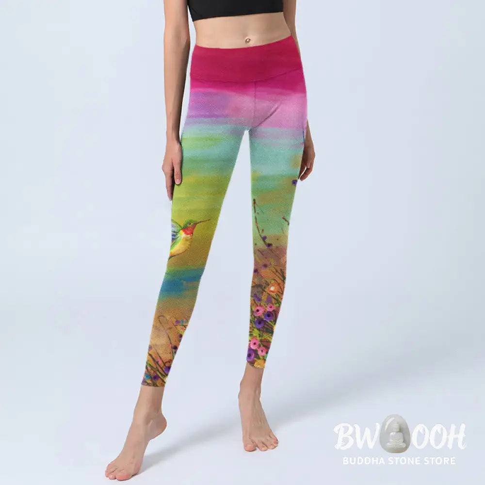 BWOOOH printed yoga leggings - Blooming Flower Bird Pattern Print Gym L
