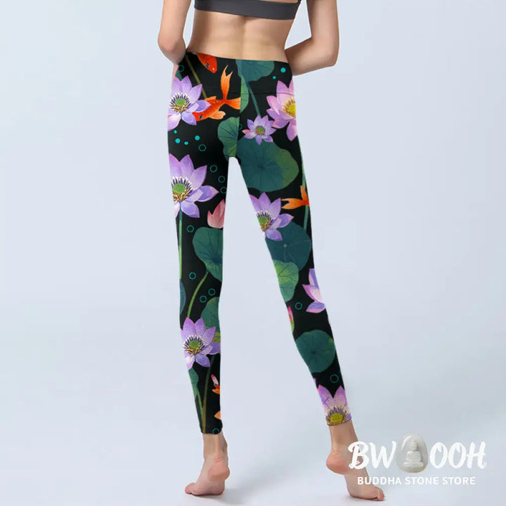 BWOOOH lotus print yoga leggings - Blooming Light Purple Lotus Flower Lotus