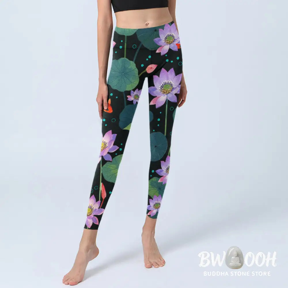 BWOOOH lotus print yoga leggings - Blooming Light Purple Lotus Flower Lotus