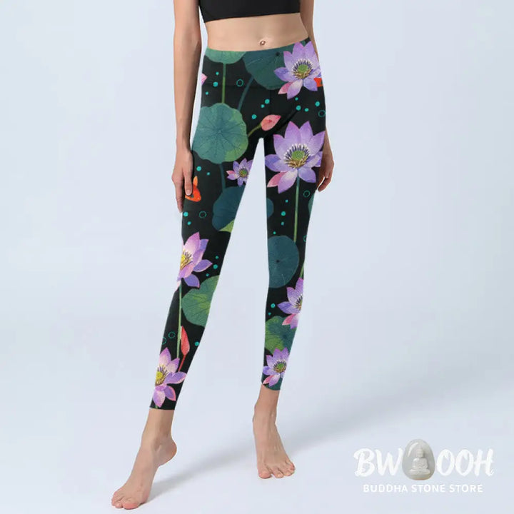 BWOOOH lotus print yoga leggings - Blooming Light Purple Lotus Flower Lotus