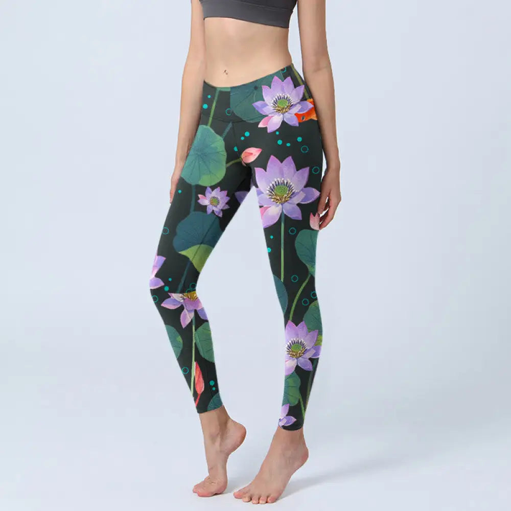 BWOOOH lotus print yoga leggings - Blooming Light Purple Lotus Flower Lotus