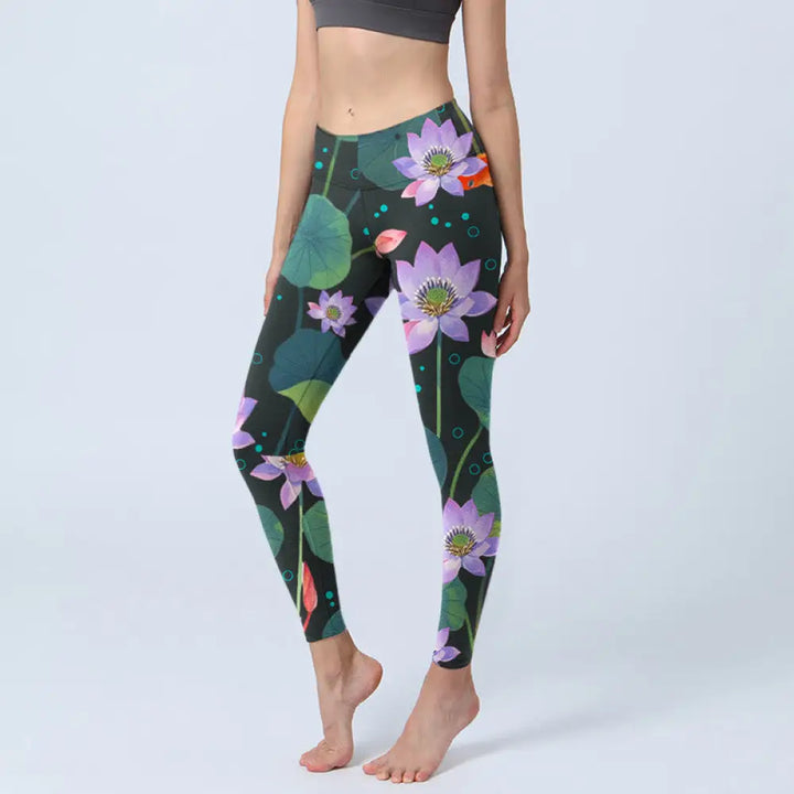 BWOOOH lotus print yoga leggings - Blooming Light Purple Lotus Flower Lotus