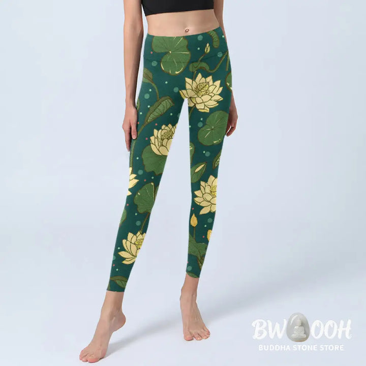 BWOOOH lotus print yoga leggings - Blooming Lotus Flower Lotus Leaves Patte