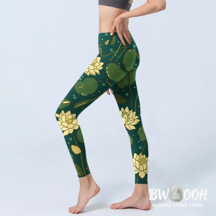 BWOOOH lotus print yoga leggings - Blooming Lotus Flower Lotus Leaves Patte