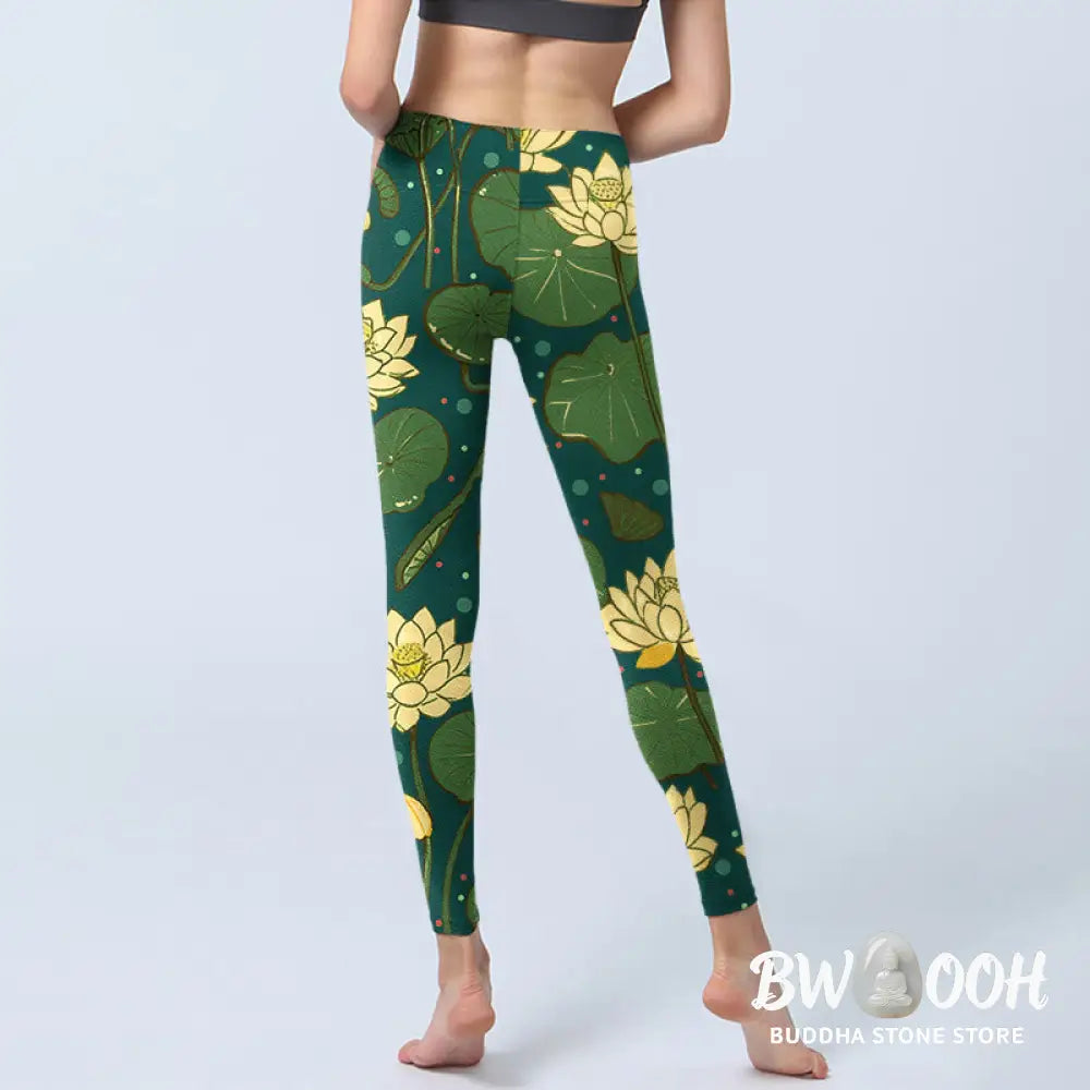 BWOOOH lotus print yoga leggings - Blooming Lotus Flower Lotus Leaves Patte
