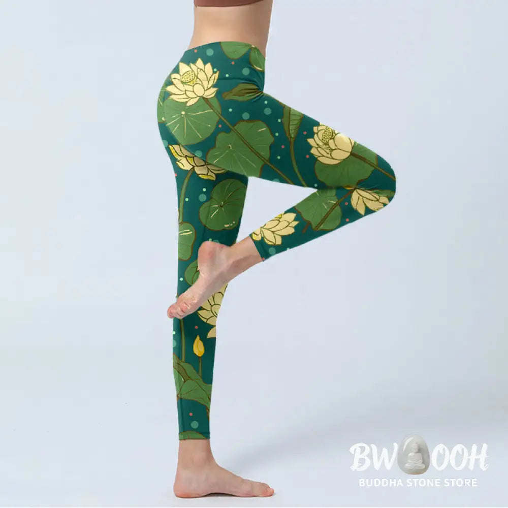 BWOOOH lotus print yoga leggings - Blooming Lotus Flower Lotus Leaves Patte