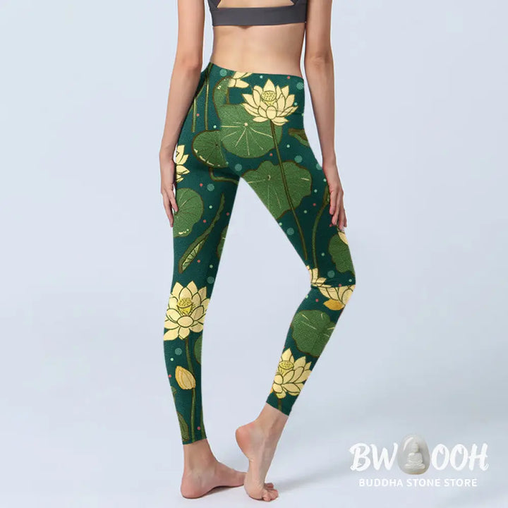 BWOOOH lotus print yoga leggings - Blooming Lotus Flower Lotus Leaves Patte