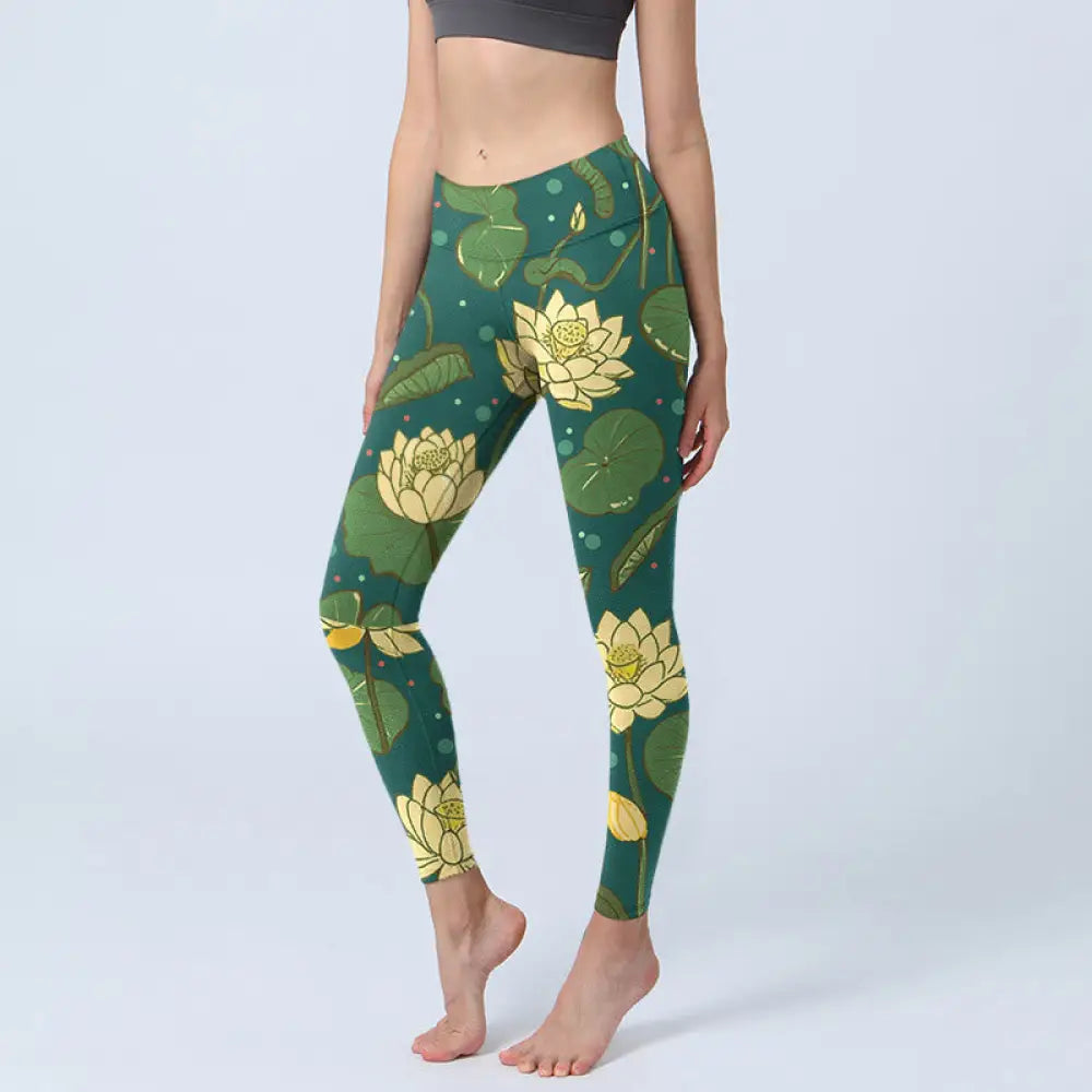 BWOOOH lotus print yoga leggings - Blooming Lotus Flower Lotus Leaves Patte