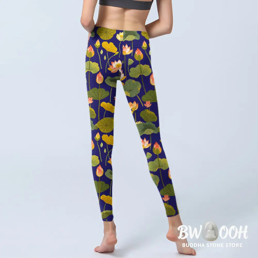 BWOOOH lotus print yoga leggings - Blooming Pink White Lotus Flower Lotus L