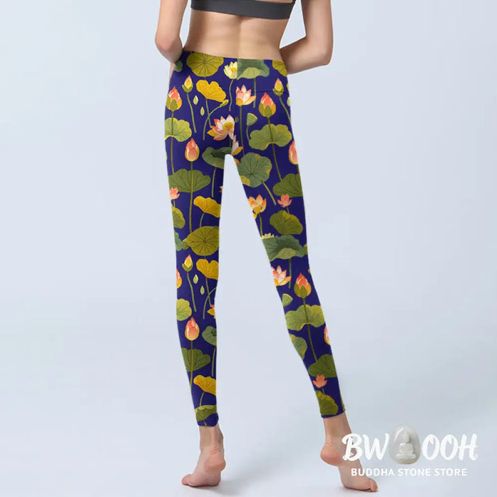 BWOOOH lotus print yoga leggings - Blooming Pink White Lotus Flower Lotus L