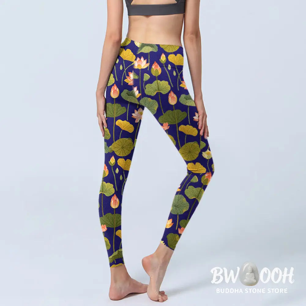 BWOOOH lotus print yoga leggings - Blooming Pink White Lotus Flower Lotus L