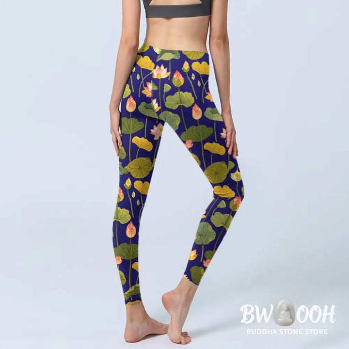 BWOOOH lotus print yoga leggings - Blooming Pink White Lotus Flower Lotus L