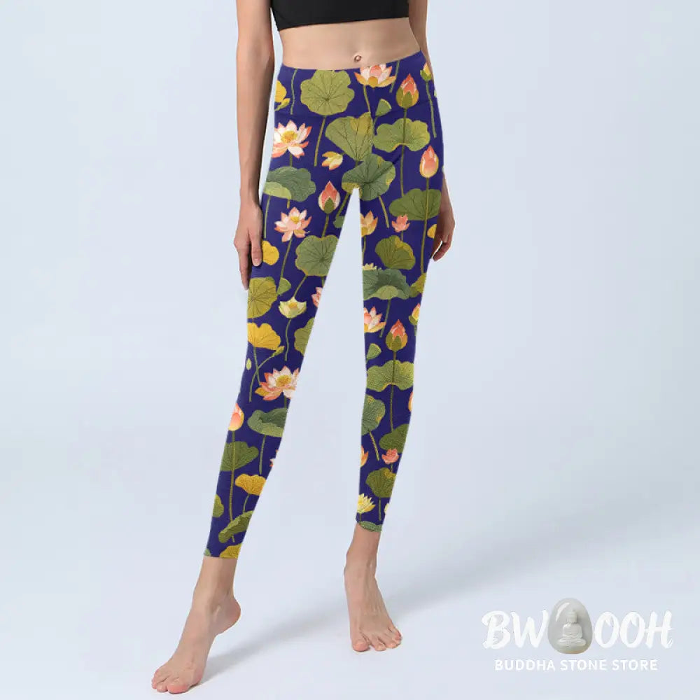 BWOOOH lotus print yoga leggings - Blooming Pink White Lotus Flower Lotus L
