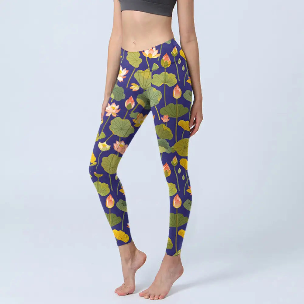 BWOOOH lotus print yoga leggings - Blooming Pink White Lotus Flower Lotus L