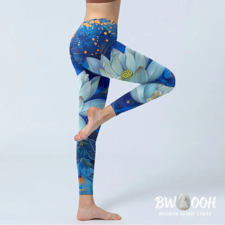 BWOOOH lotus print yoga leggings - Blooming White Lotus Pattern Print Gym L