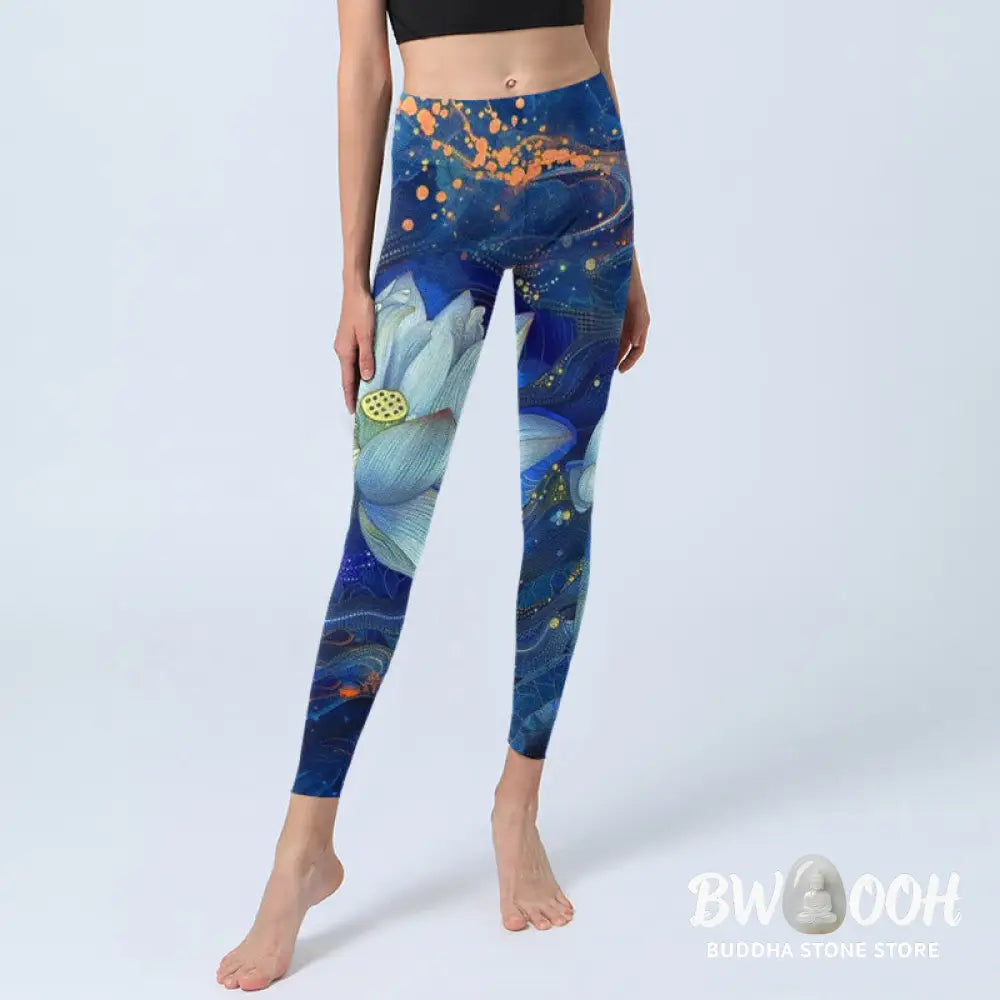 BWOOOH lotus print yoga leggings - Blooming White Lotus Pattern Print Gym L