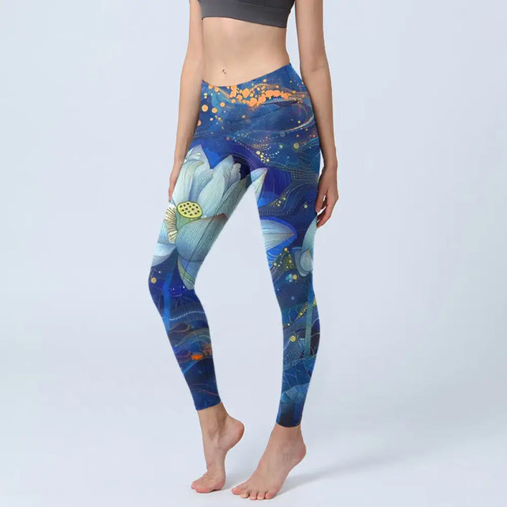 BWOOOH lotus print yoga leggings - Blooming White Lotus Pattern Print Gym L