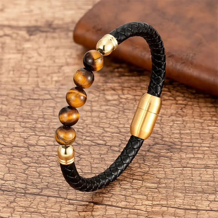 Buddha Stones Blue Agate Tiger Eye Lava Rock Black Onyx Lazurite Bead Protection Leather Bracelet - BWOOOH - Tiger Eye