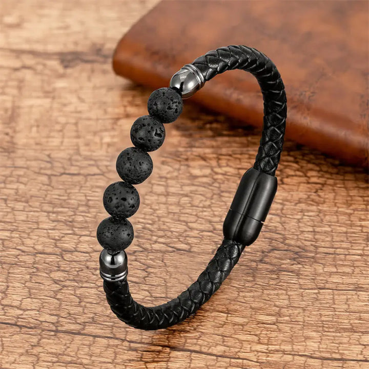 Buddha Stones Blue Agate Tiger Eye Lava Rock Black Onyx Lazurite Bead Protection Leather Bracelet - BWOOOH - Lava Rock