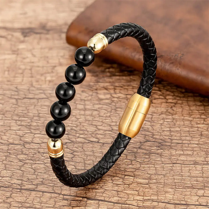 Buddha Stones Blue Agate Tiger Eye Lava Rock Black Onyx Lazurite Bead Protection Leather Bracelet - BWOOOH - Black Onyx