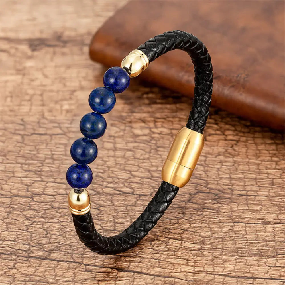 Buddha Stones Blue Agate Tiger Eye Lava Rock Black Onyx Lazurite Bead Protection Leather Bracelet - BWOOOH - Lazurite
