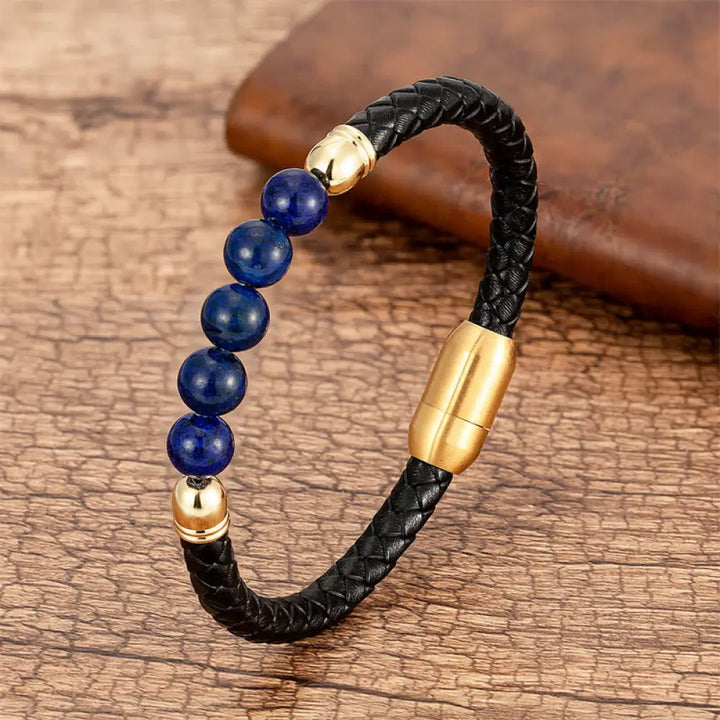 Buddha Stones Blue Agate Tiger Eye Lava Rock Black Onyx Lazurite Bead Protection Leather Bracelet - BWOOOH - Lazurite