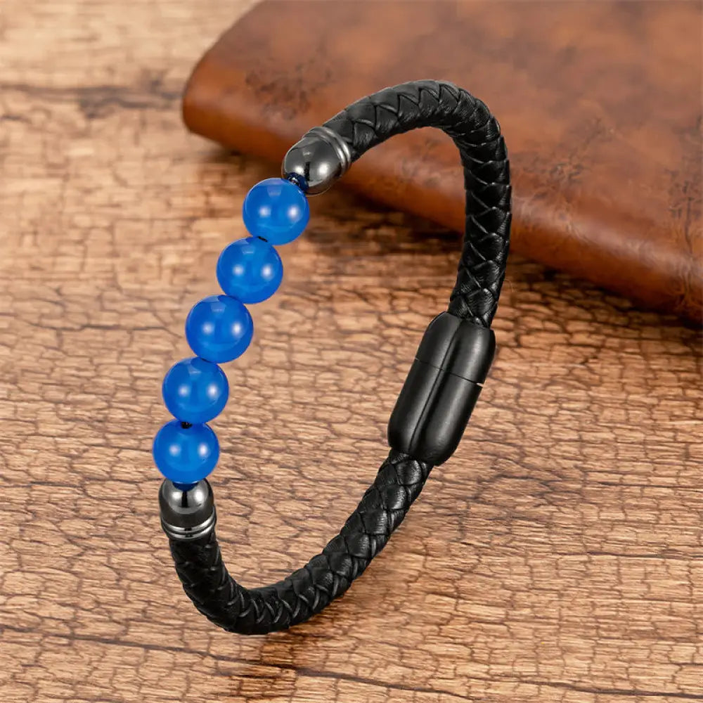 Buddha Stones Blue Agate Tiger Eye Lava Rock Black Onyx Lazurite Bead Protection Leather Bracelet - BWOOOH - Blue Agate