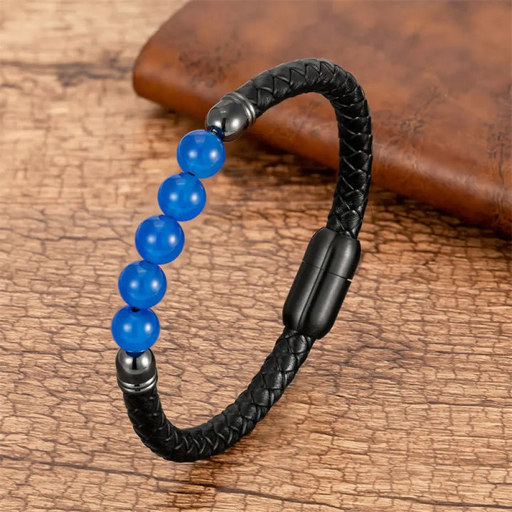 Buddha Stones Blue Agate Tiger Eye Lava Rock Black Onyx Lazurite Bead Protection Leather Bracelet - BWOOOH - Blue Agate