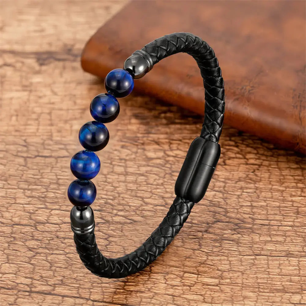 Buddha Stones Blue Agate Tiger Eye Lava Rock Black Onyx Lazurite Bead Protection Leather Bracelet - BWOOOH - Blue Tiger