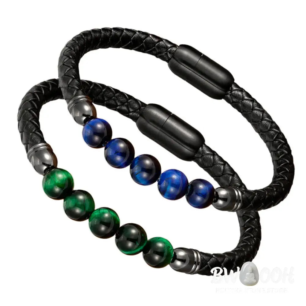 Buddha Stones Blue Agate Tiger Eye Lava Rock Black Onyx Lazurite Bead Protection Leather Bracelet - BWOOOH - Bracelet
