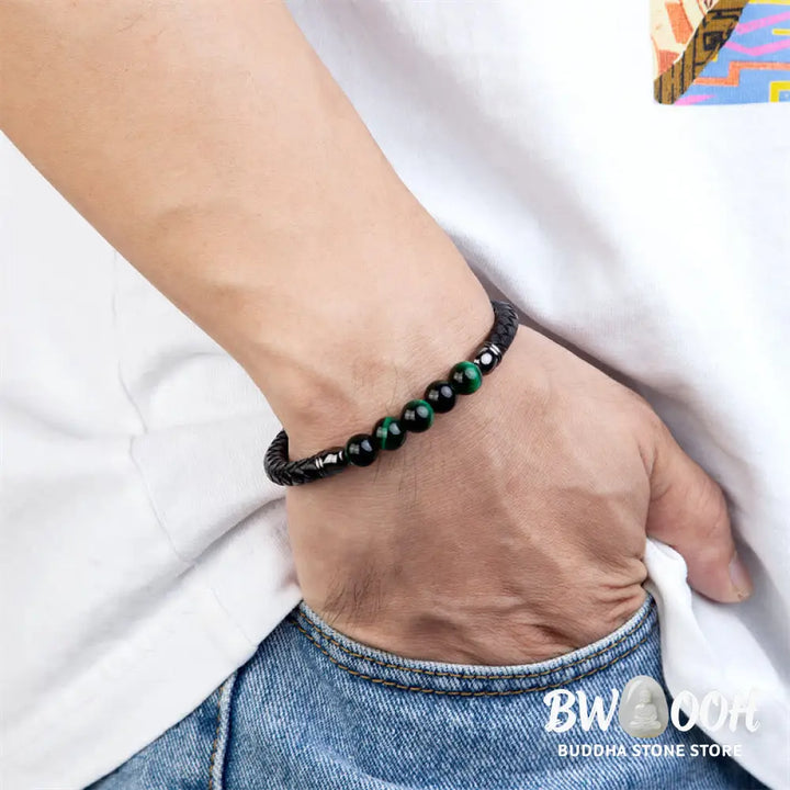 Buddha Stones Blue Agate Tiger Eye Lava Rock Black Onyx Lazurite Bead Protection Leather Bracelet - BWOOOH - Bracelet