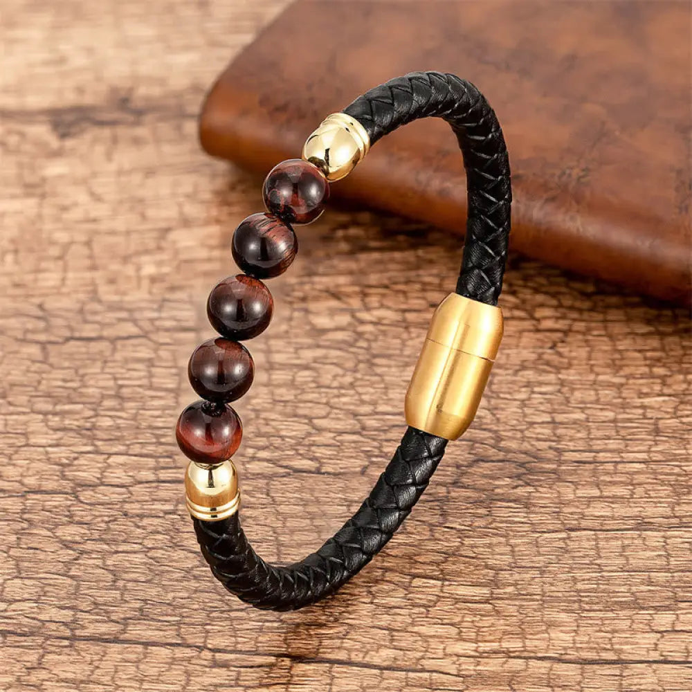 Buddha Stones Blue Agate Tiger Eye Lava Rock Black Onyx Lazurite Bead Protection Leather Bracelet - BWOOOH - Brown Red