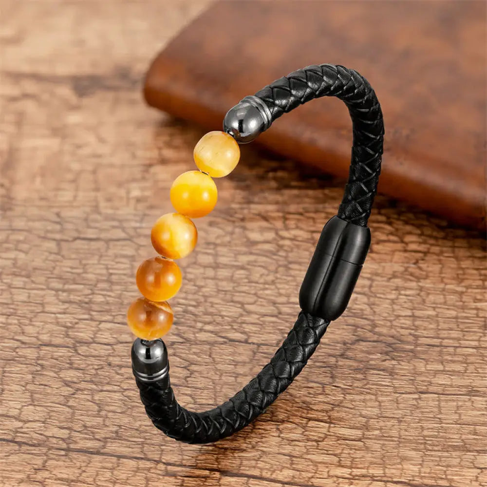 Buddha Stones Blue Agate Tiger Eye Lava Rock Black Onyx Lazurite Bead Protection Leather Bracelet - BWOOOH - Golden