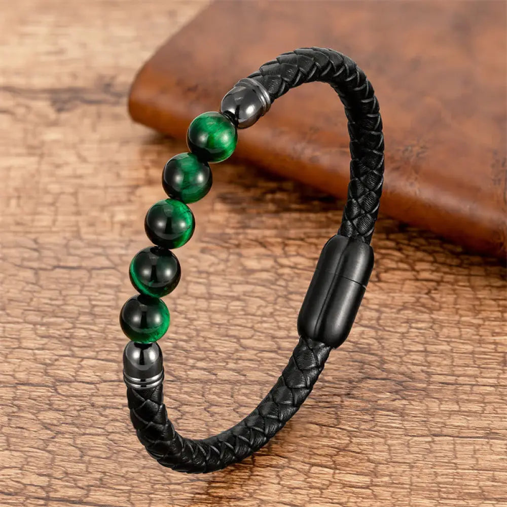 Buddha Stones Blue Agate Tiger Eye Lava Rock Black Onyx Lazurite Bead Protection Leather Bracelet - BWOOOH - Green