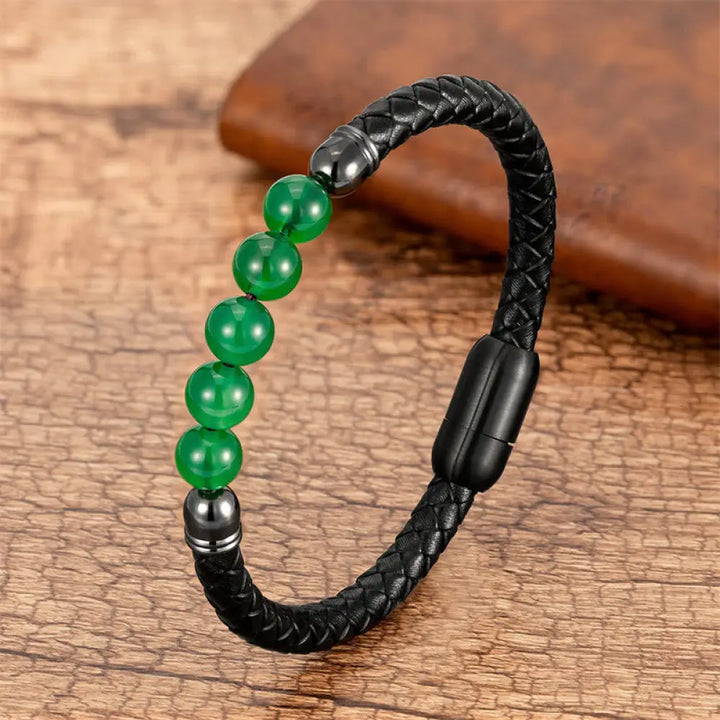Buddha Stones Blue Agate Tiger Eye Lava Rock Black Onyx Lazurite Bead Protection Leather Bracelet - BWOOOH - Green