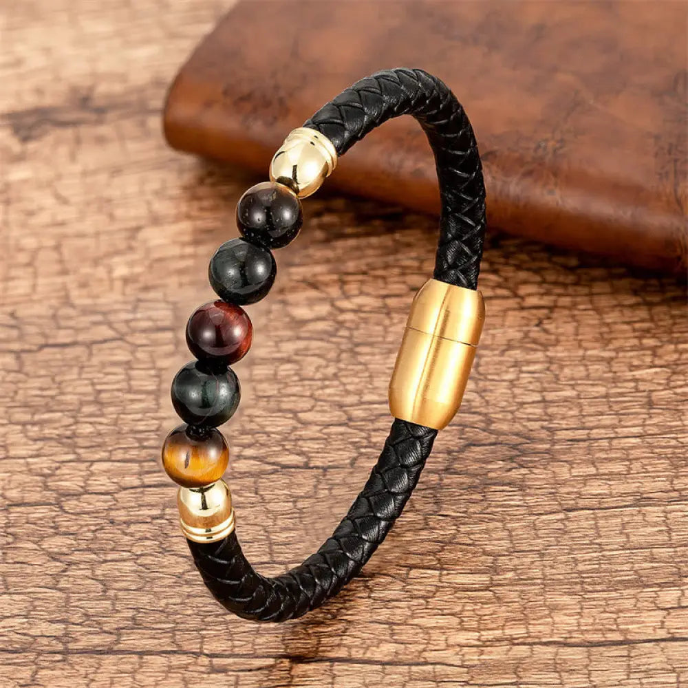 Buddha Stones Blue Agate Tiger Eye Lava Rock Black Onyx Lazurite Bead Protection Leather Bracelet - BWOOOH - Red Black