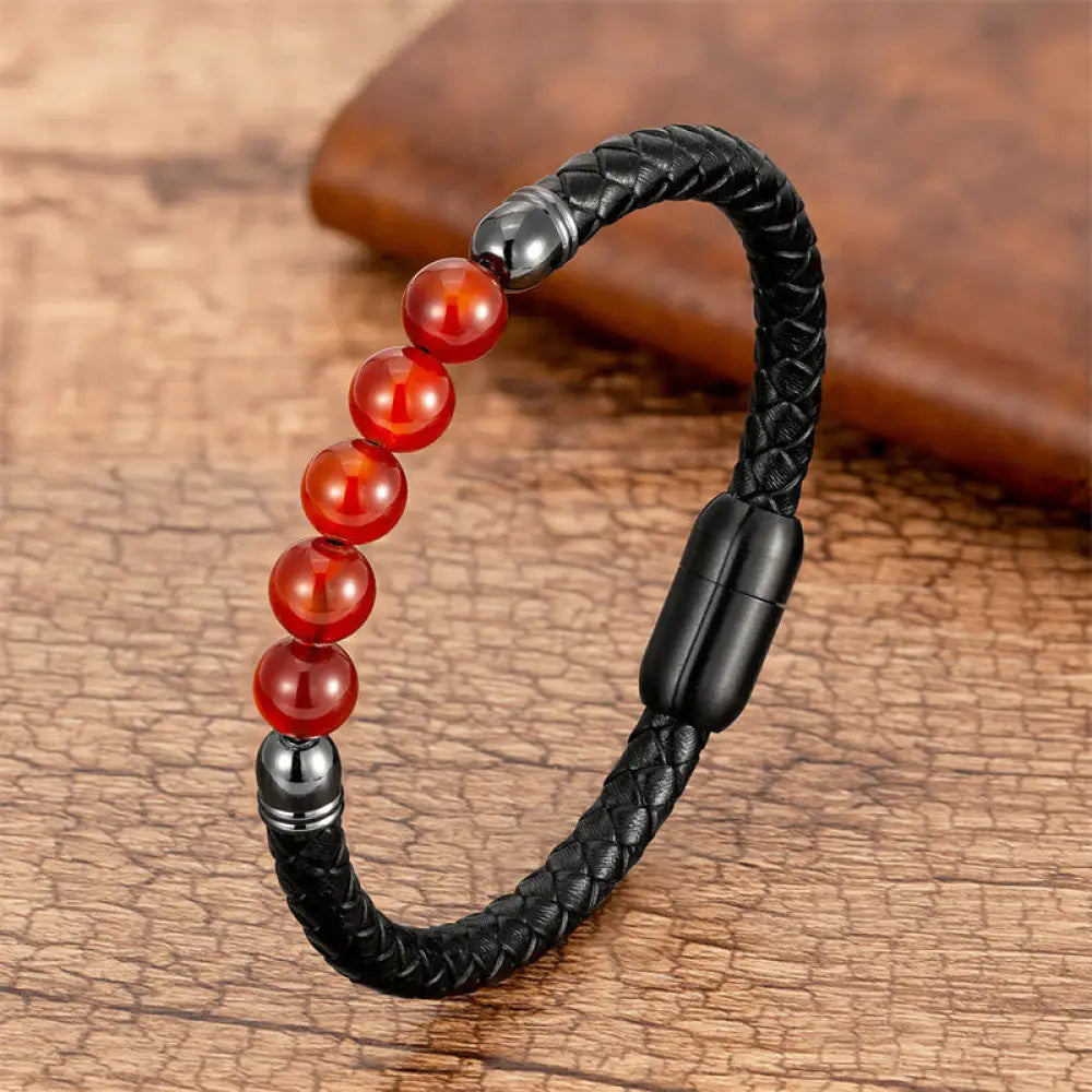 Buddha Stones Blue Agate Tiger Eye Lava Rock Black Onyx Lazurite Bead Protection Leather Bracelet - BWOOOH - Red Agate