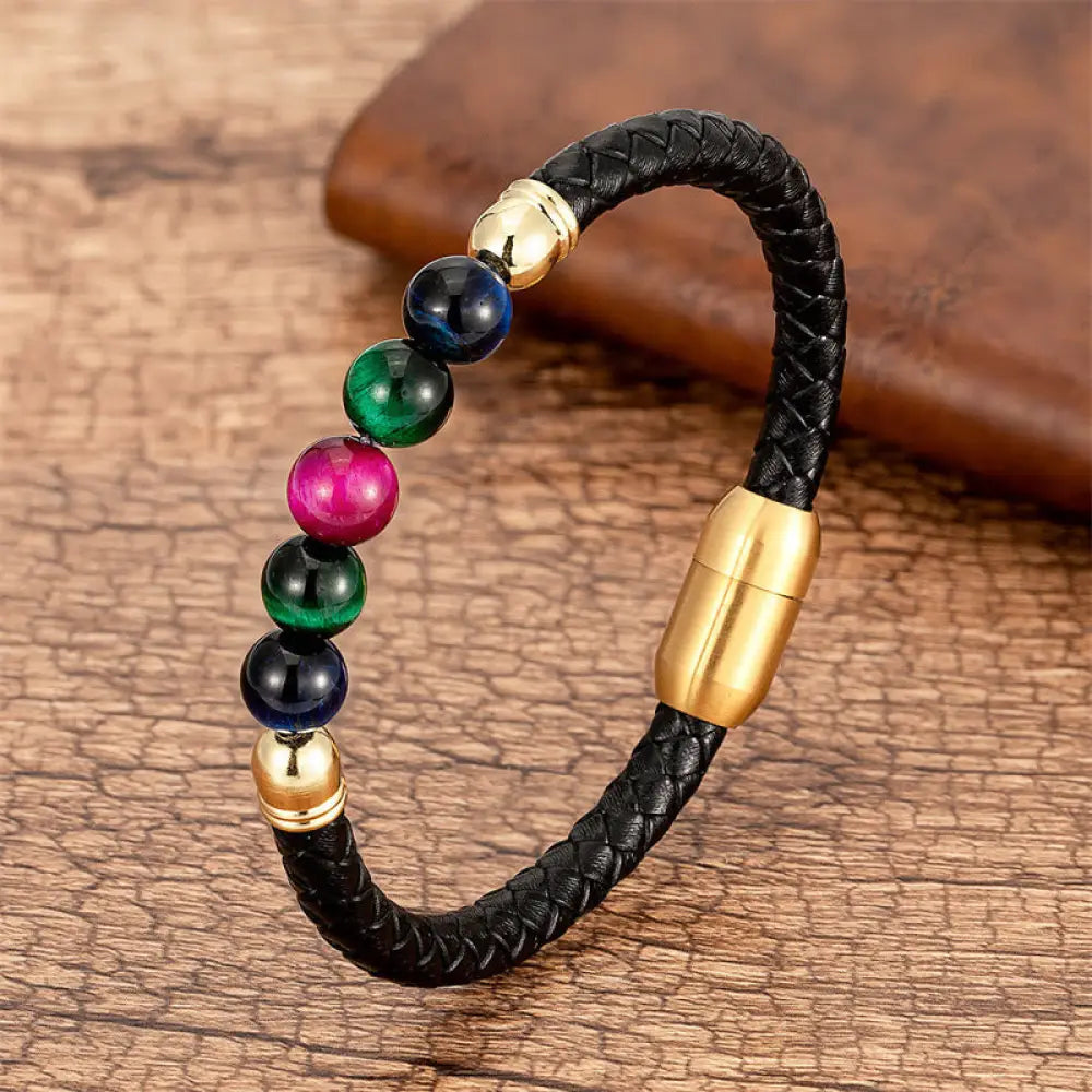 Buddha Stones Blue Agate Tiger Eye Lava Rock Black Onyx Lazurite Bead Protection Leather Bracelet - BWOOOH - Rose Red