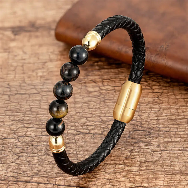 Buddha Stones Blue Agate Tiger Eye Lava Rock Black Onyx Lazurite Bead Protection Leather Bracelet - BWOOOH - Black
