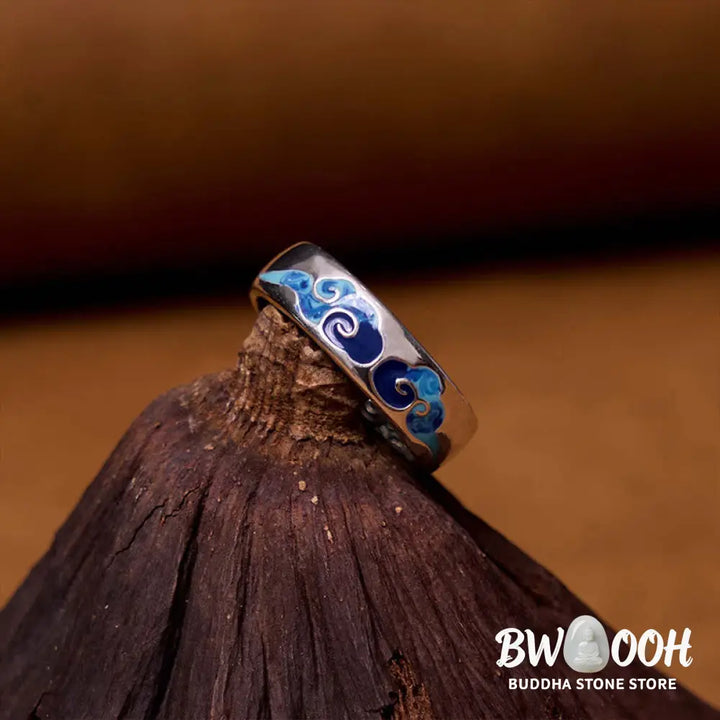 Buddha Stones Blue Auspicious Clouds Pattern Wealth Copper Adjustable Ring - Auspicious Clouds(Adjustable) - Ring