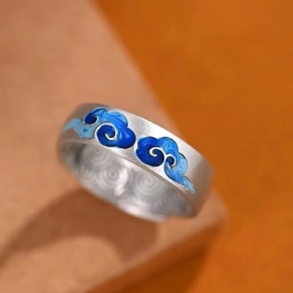 BWOOOH Blue Auspicious Clouds Pattern Wealth Copper Adjustable Ring — Copper spiritual jewelry for spiritual healing and m...