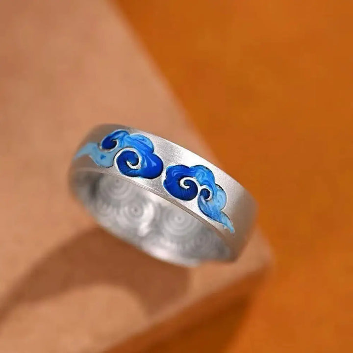 BWOOOH Blue Auspicious Clouds Pattern Wealth Copper Adjustable Ring — Copper spiritual jewelry for spiritual healing and m...