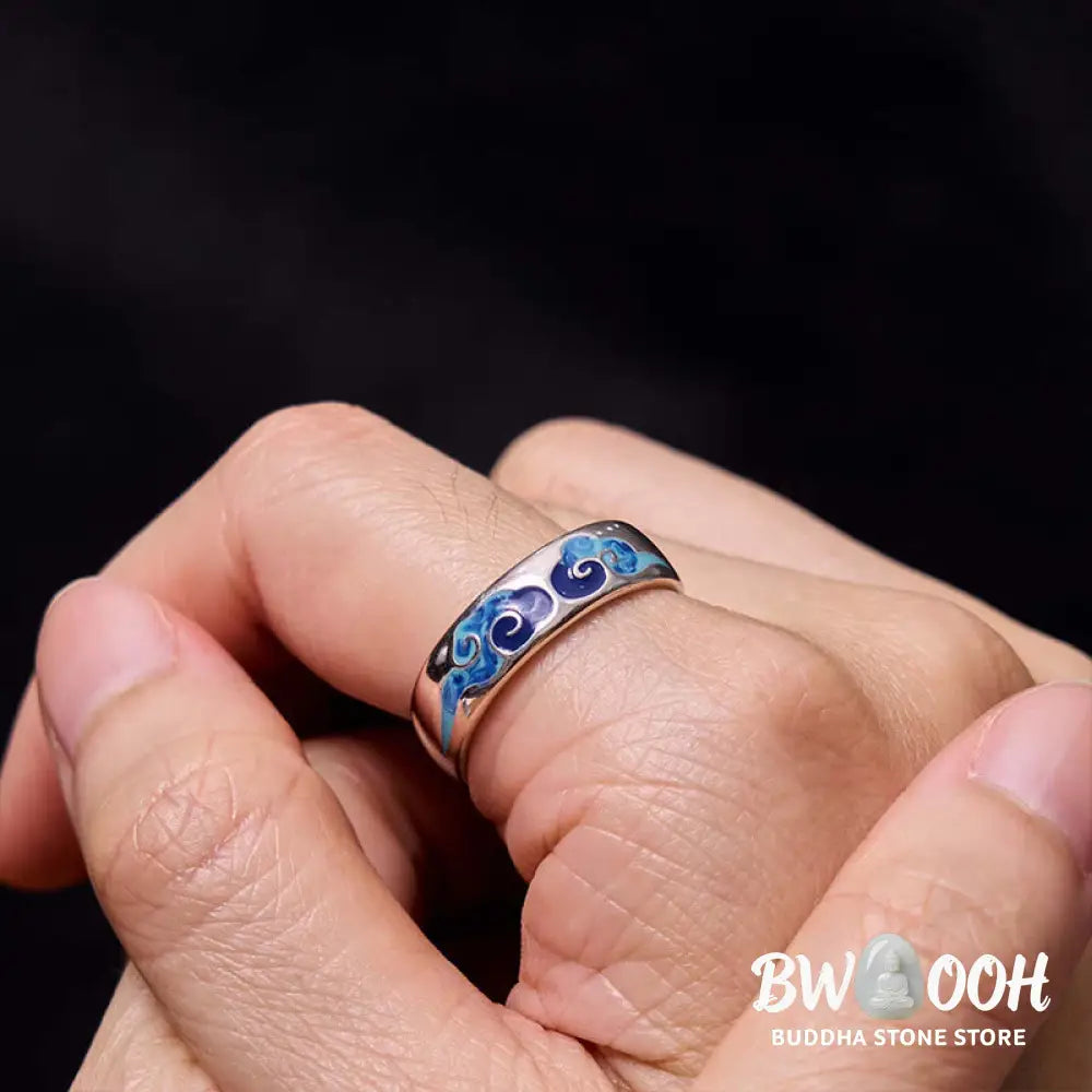 Buddha Stones Blue Auspicious Clouds Pattern Wealth Copper Adjustable Ring - Auspicious Clouds(Adjustable) - Ring