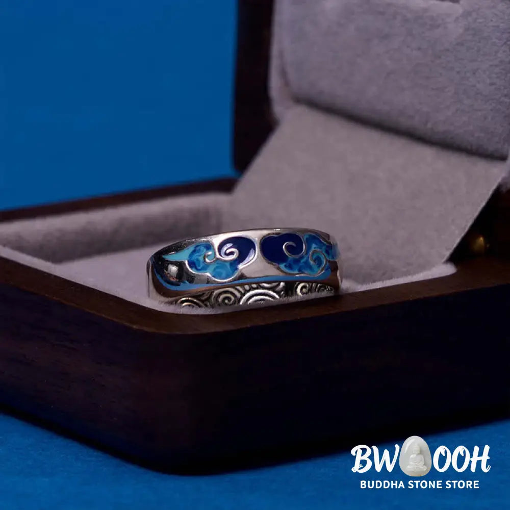 Buddha Stones Blue Auspicious Clouds Pattern Wealth Copper Adjustable Ring - Auspicious Clouds(Adjustable) - Ring