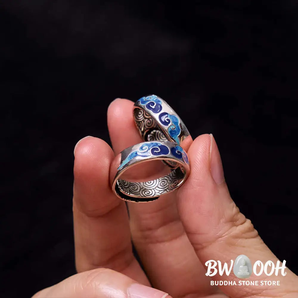 Buddha Stones Blue Auspicious Clouds Pattern Wealth Copper Adjustable Ring - Auspicious Clouds(Adjustable) - Ring