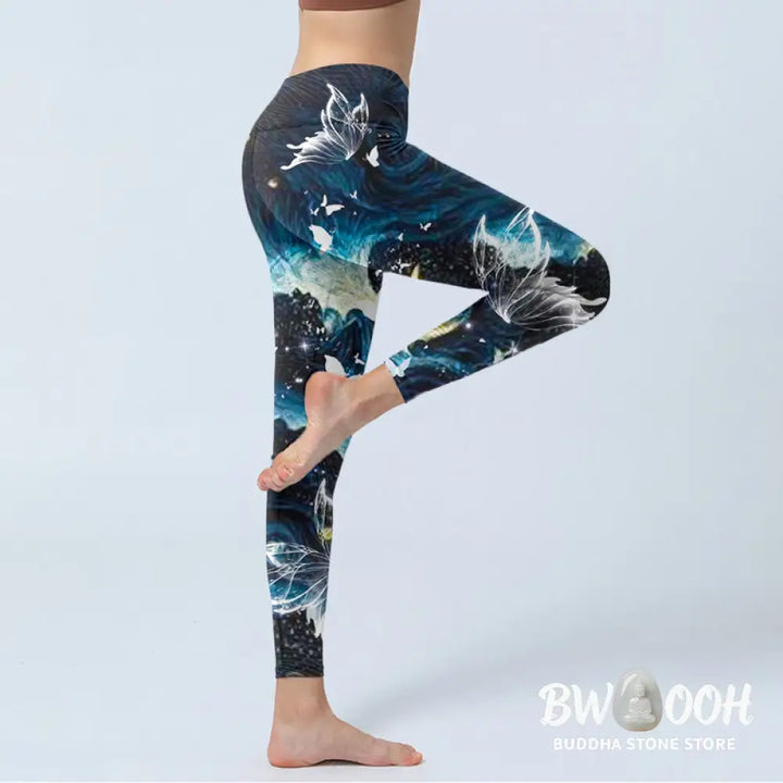 BWOOOH printed yoga leggings - Blue Butterfly Water Waves Moon Print Gy