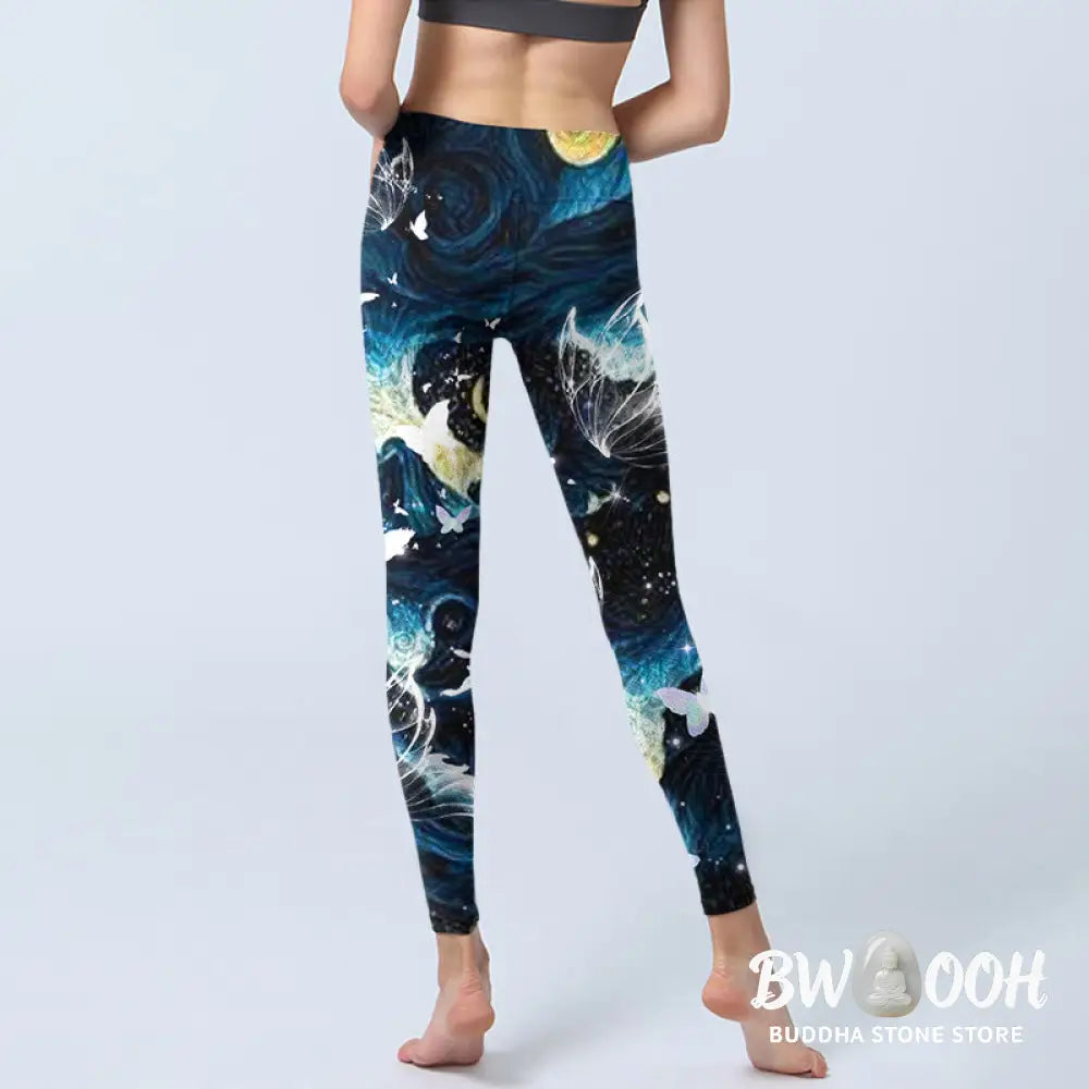 BWOOOH printed yoga leggings - Blue Butterfly Water Waves Moon Print Gy